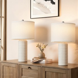 23 Inch Ceramic Table Lamp Set of 2 | Modern Farmhouse Style with White Bedside Lamps for Living Room, Bedroom, Office Desk Decor, Adjustable Lighting with Drum Fabric Shade, Ideal for Reading, Gift Idea