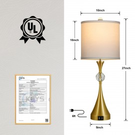 26'' Golden Metal Table Lamp Set of 2 with Crystal Accents | USB Ports, 3-Way Dimmable Light, Modern Brushed End for Bedroom, Living Room or Entryway