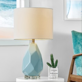 Modern Minimalist Coastal Ceramic Table Lamp, Single Light Blue Geometric Bedside Lamp With Crystal Base, 23 Inches End Table Lamp With White Fabric Shade For Bedroom, Living Room, Study, Office
