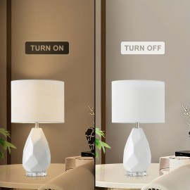 Modern Minimalist Coastal Ceramic Table Lamp, Single Light Blue Geometric Bedside Lamp With Crystal Base, 23 Inches End Table Lamp With White Fabric Shade For Bedroom, Living Room, Study, Office