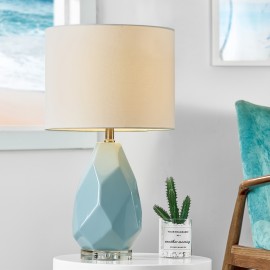 Modern Minimalist Coastal Ceramic Table Lamp, Single Light Blue Geometric Bedside Lamp With Crystal Base, 23 Inches End Table Lamp With White Fabric Shade For Bedroom, Living Room, Study, Office