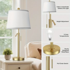 Tall Table Lamps Set Of 2, Modern Golden Table Lamps with White Shade for Living Room, Height Adjustable Nightstand Lamps for Bedroom, 3 Color Temperature Beside Lamps with Pull Chain(Bulbs Included)