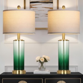 Table Lamps Set Of 2 - Vintage Industrial Desk Lamps with Clear On/Off Switch Cord & Tri-Color Light Bulbs, Brown Trim Glass Shade Lighting for Home Office Study