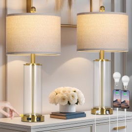 Table Lamps Set Of 2 - Vintage Industrial Desk Lamps with Clear On/Off Switch Cord & Tri-Color Light Bulbs, Brown Trim Glass Shade Lighting for Home Office Study