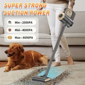 8000Pa Suction Cordless Vacuum Cleaner, 4-in-1 Handheld Vacuum with LED Display, Brushless Motor, Wet & Dry Vacuum Mop, Anti-Tangle Pet Hair, 3 Modes - Suitable for Home, Car, Carpet & Pet Hair Cleaning, Easy to Operate & Store, Household Cleaning