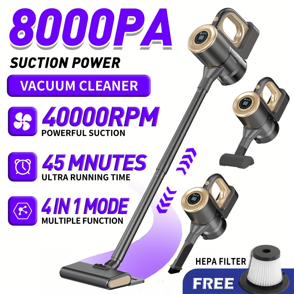 8000Pa Suction Cordless Vacuum Cleaner, 4-in-1 Handheld Vacuum with LED Display, Brushless Motor, Wet & Dry Vacuum Mop, Anti-Tangle Pet Hair, 3 Modes - Suitable for Home, Car, Carpet & Pet Hair Cleaning, Easy to Operate & Store, Household Cleaning