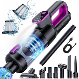 Multi-functional Cordless Handheld Vacuum with brushless motor for powerful suction. USB rechargeable, wireless operation for home/car/office use. Features low noise, LED crevice light, pet hair anti-tangle, and multiple accessories.