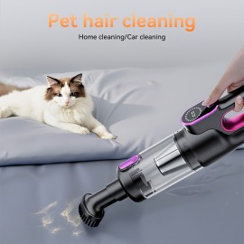 Multi-functional Cordless Handheld Vacuum with brushless motor for powerful suction. USB rechargeable, wireless operation for home/car/office use. Features low noise, LED crevice light, pet hair anti-tangle, and multiple accessories.