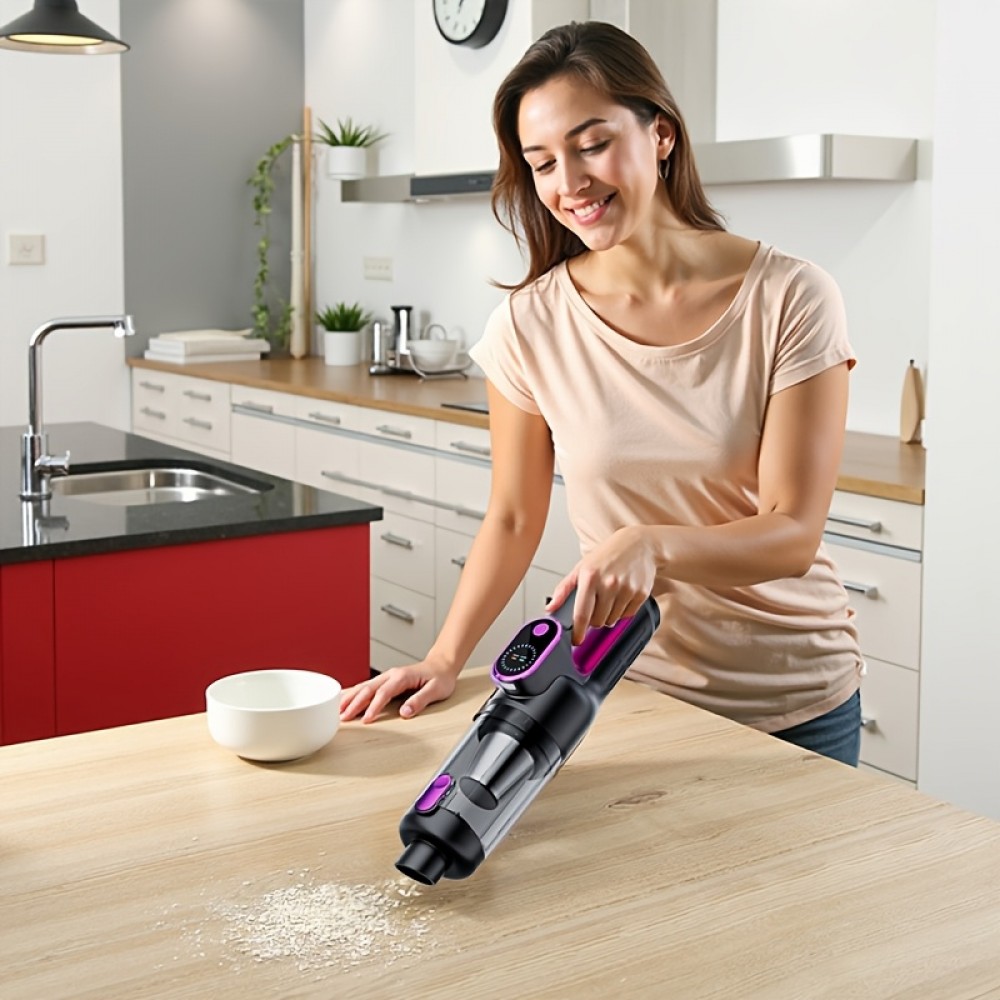 Multi-functional Cordless Handheld Vacuum with brushless motor for powerful suction. USB rechargeable, wireless operation for home/car/office use. Features low noise, LED crevice light, pet hair anti-tangle, and multiple accessories.