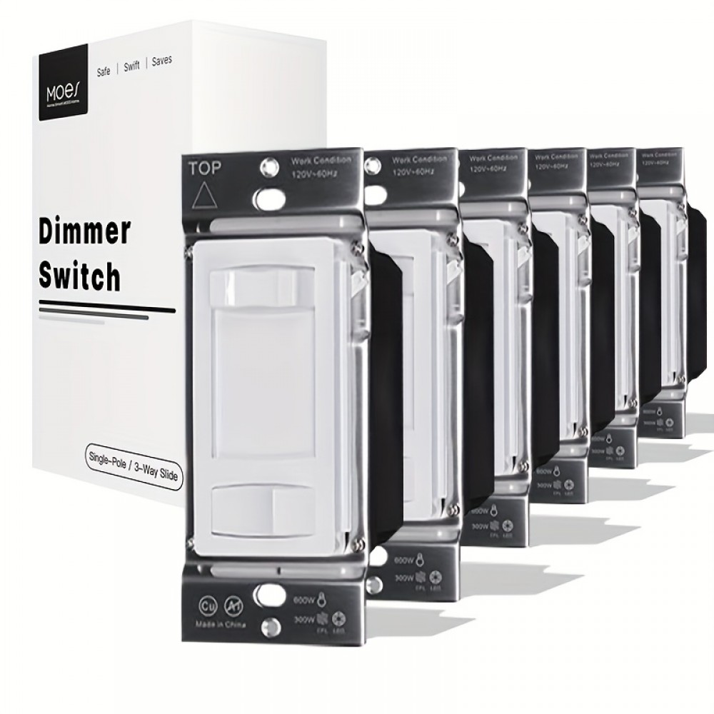 MOES Black Dimmer Light Switch, 3 Way & Single Pole Dimmable for LED, CFL, Incandescent, Halogen, 600Watt Max, ON/Off with Dimming Slide for Bedroom Hallway, No Neutral Wire Required Without A Panel