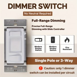MOES Black Dimmer Light Switch, 3 Way & Single Pole Dimmable for LED, CFL, Incandescent, Halogen, 600Watt Max, ON/Off with Dimming Slide for Bedroom Hallway, No Neutral Wire Required Without A Panel