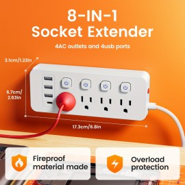 1pc Multi-Outlet Power Strip With Surge Protection And Switch - 4 AC Outlets With Switch, 3 USB-A Ports And 1 Type-C Port And 5 FT/10 FT Extension Cord - For Office, Study, Home, And School Use - With Overload Protection