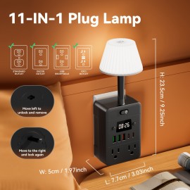 1pc 4-Outlet Power Strip With Adjustable Brightness Desk Lamp And Clock, Surge Protection, On/Off Switch, 3 USB-A Ports & 2 USB-C Ports, For Home, Office, Dorm Room, And Travel Use, Black And White