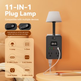 1pc 4-Outlet Power Strip With Adjustable Brightness Desk Lamp And Clock, Surge Protection, On/Off Switch, 3 USB-A Ports & 2 USB-C Ports, For Home, Office, Dorm Room, And Travel Use, Black And White