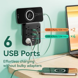Wall Charger with 6 Outlets & 6 USB Ports (4 USB-A + 2 USB-C) Surge Protector Power Strip, Multi Plug Adapter with Spaced Design, Compact and Travel-Friendly for Home, Travel, and Office