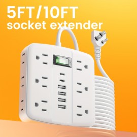 1pc Multi-Outlet Power Strip with Surge Protection And Switch - 12 AC Outlets with 4 USB-A Ports And 2 USB-C Ports, 5ft Extension Cord - for Office, Study, Home And School Use - Power Socket with Overload Protection