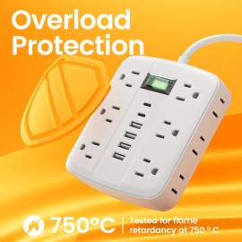 1pc Multi-Outlet Power Strip with Surge Protection And Switch - 12 AC Outlets with 4 USB-A Ports And 2 USB-C Ports, 5ft Extension Cord - for Office, Study, Home And School Use - Power Socket with Overload Protection
