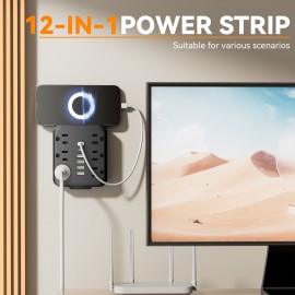 1pc 12-in-1 Wall Power Strip with 6 AC Outlets And 4 USB-A And 2 Type-C Ports, Desktop Charging Station with USB Port, for Home, Office, Travel, Computer, White And Black