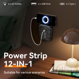 1pc 12-in-1 Wall Power Strip with 6 AC Outlets And 4 USB-A And 2 Type-C Ports, Desktop Charging Station with USB Port, for Home, Office, Travel, Computer, White And Black
