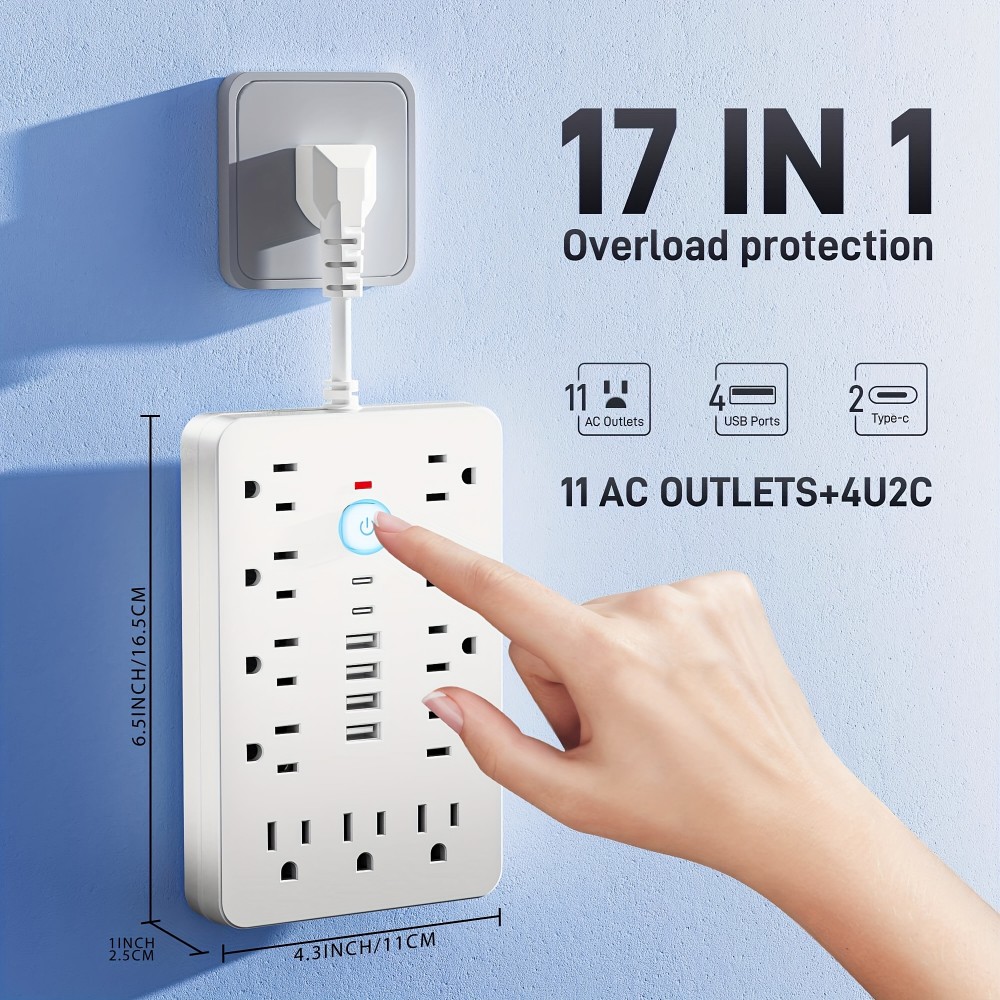One Piece of a Versatile Power Strip Featuring 17 Functions, Equipped with 11 AC Outlets, 4 USB-A Ports, And 2 USB-C Ports. This Power Socket Includes Individual Switches And Overload Protection, Along with a Short Extension Cord, Suitable for Home