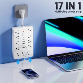 One Piece of a Versatile Power Strip Featuring 17 Functions, Equipped with 11 AC Outlets, 4 USB-A Ports, And 2 USB-C Ports. This Power Socket Includes Individual Switches And Overload Protection, Along with a Short Extension Cord, Suitable for Home