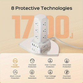 16 IN 1 USB Power Strip Tower, PD 20W Fast 12 AC Outlets (1625W/ 13A) Surge Protector with 2 USB-A, 2 USB-C, 1800J, 6.56ft Flat Plug Extension Cord Charging Station, with Multiple Outlets for Home, Office, Dorm